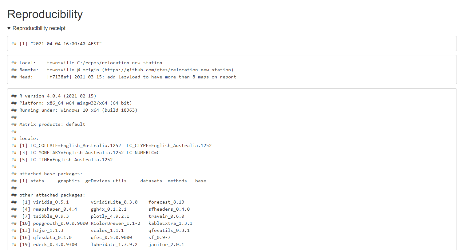 A knitted reproducibility receipt, showing date, repo, and R environment.